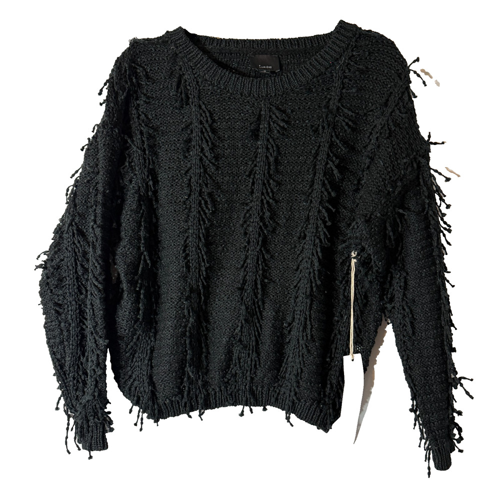 Lumiere Fringe Sweater Women M Black Textured Knit Boho Oversized Artsy NWT